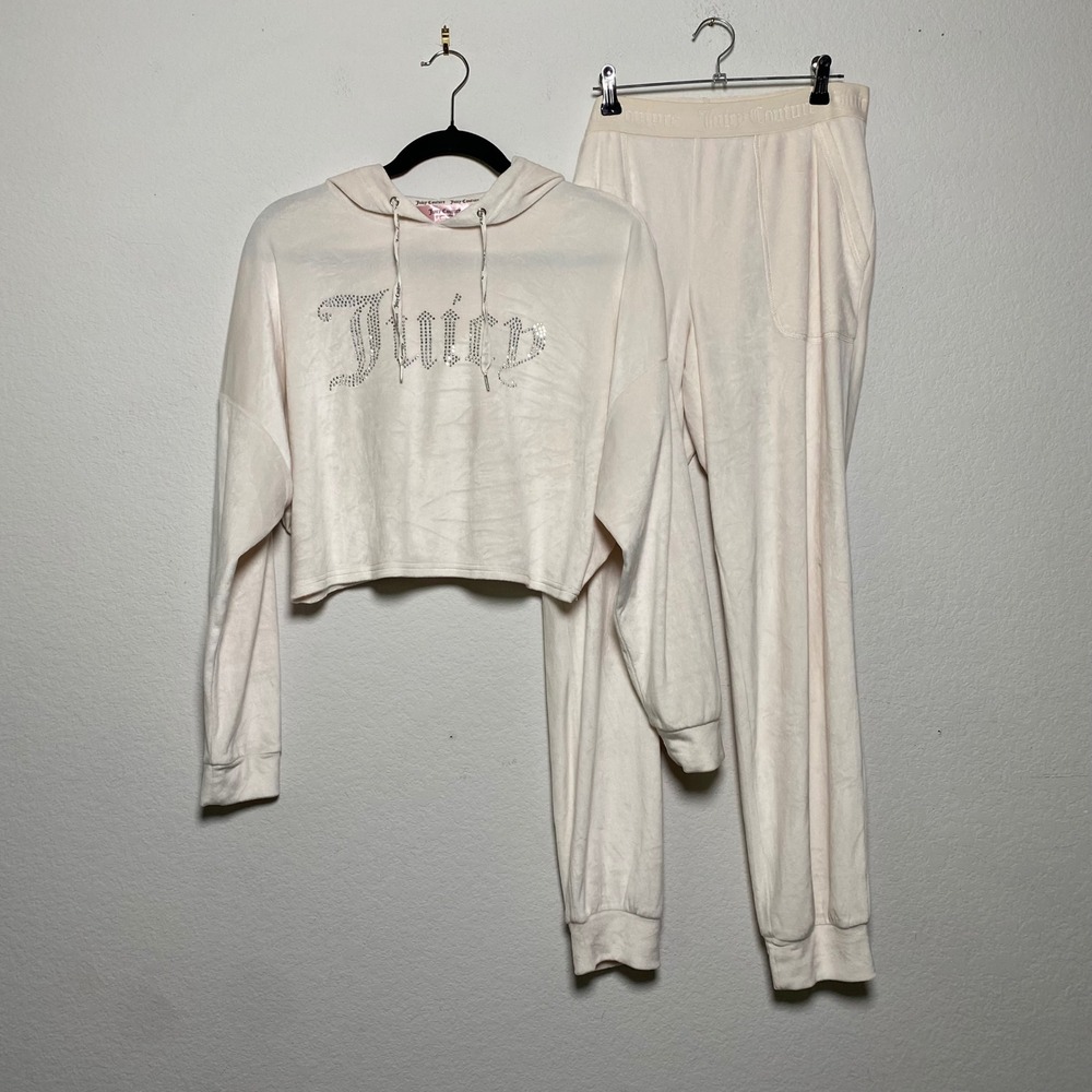 Juicy Couture Cream Velour Rhinestone Tracksuit Set Cropped Hoodie Joggers M Y2K